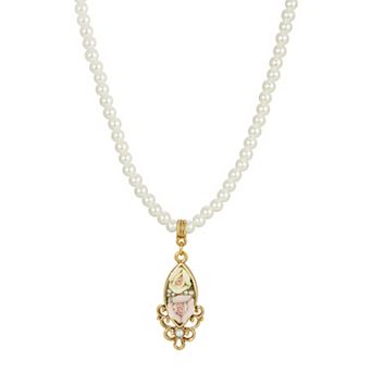 1928 Gold Tone & Simulated Pearl Porcelain Rose Pendant Necklace