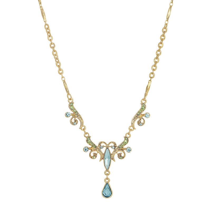 1928 Gold Tone Aqua Teardrop Filigree Necklace, Womens, Green