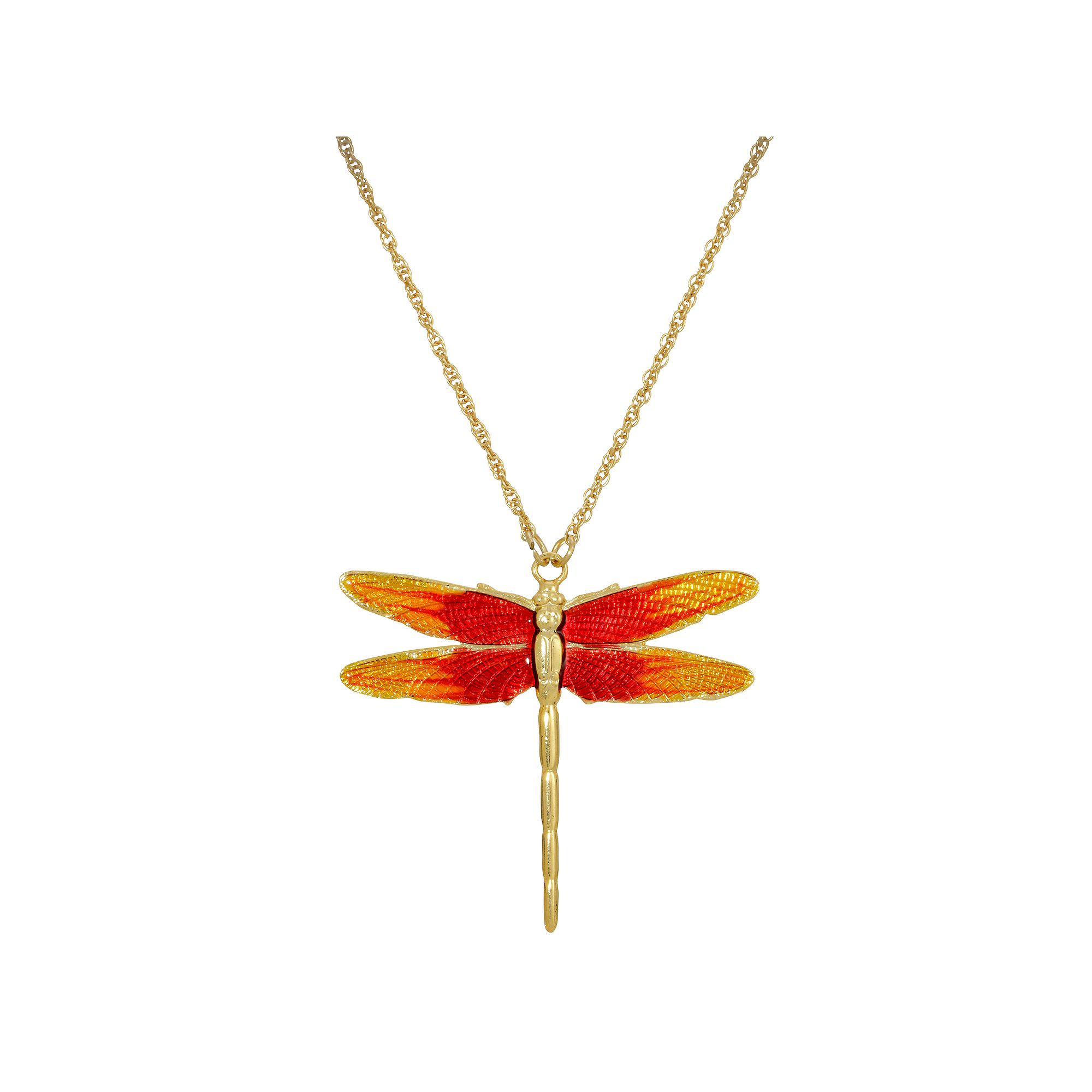 1928 Gold Tone Orange Dragonfly Pendant Necklace, Womens