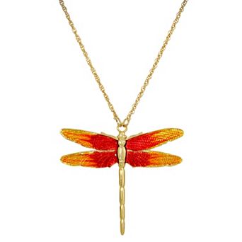 1928 Gold Tone Orange Dragonfly Pendant Necklace