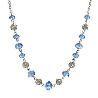 1928 Silver Tone with Blue & Silver Beaded Chain Necklace