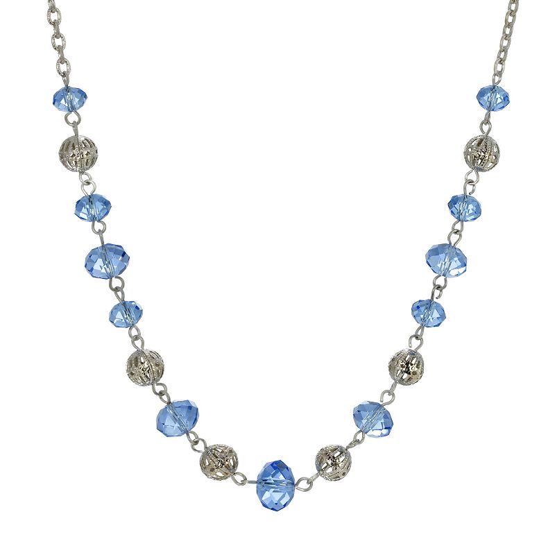 1928 Silver Tone with Blue & Silver Beaded Chain Necklace, Womens