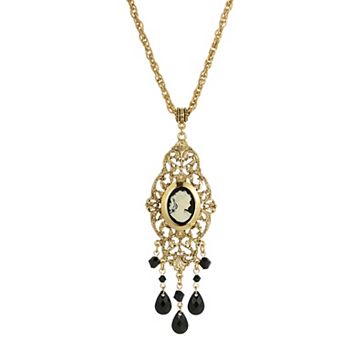 1928 Gold Tone Black Oval Cameo Locket Necklace