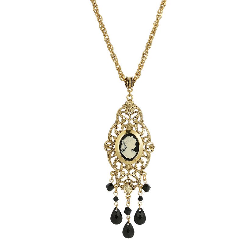 1928 Gold Tone Black Oval Cameo Locket Necklace, Womens