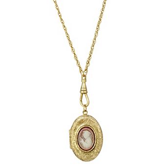 1928 Gold Tone Oval Carnelian Cameo Locket Necklace