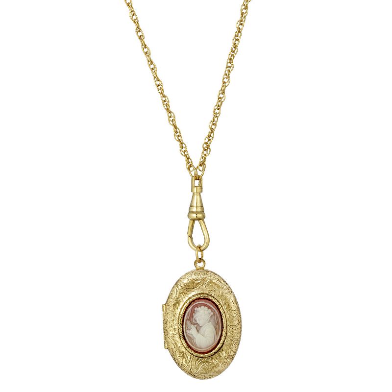1928 Gold Tone Oval Carnelian Cameo Locket Necklace, Womens, Orange