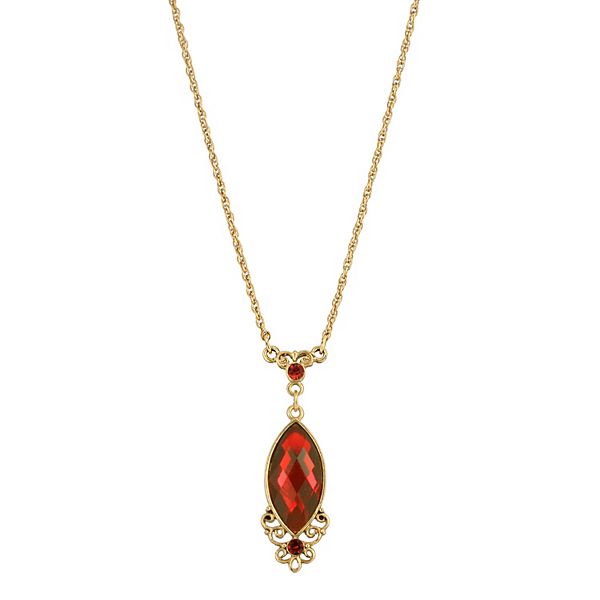 1928 Gold Tone Filigree & Red Simulated Crystal Pendant Necklace