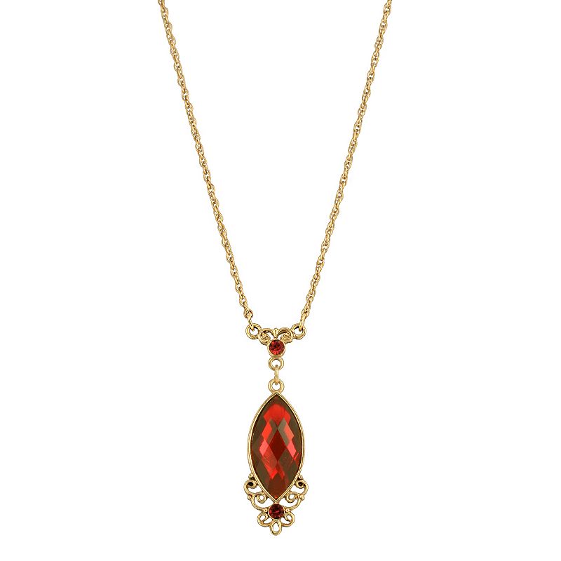 1928 Gold Tone Filigree & Red Simulated Crystal Pendant Necklace, Womens