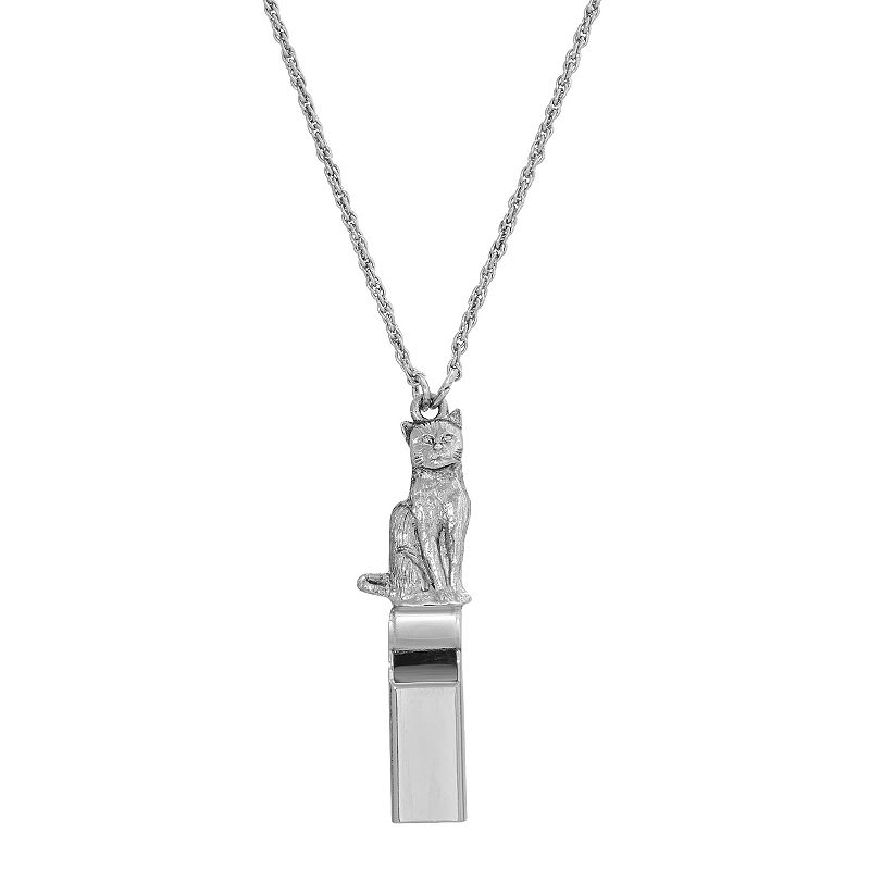 1928 Silver Tone Cat Whistle Pendant Necklace, Womens, Grey