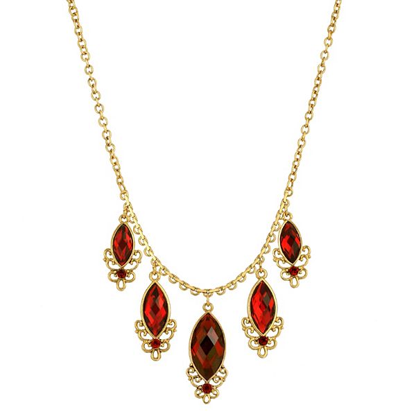 1928 Gold Tone Red Simulated Crystal Multi-Drop Necklace