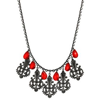 1928 Black Tone Multi-Filigree & Red Briolette Drop Necklace