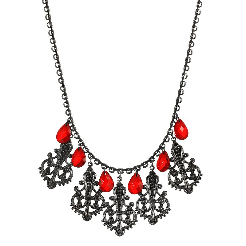 1928 Black Tone Multi-Filigree & Red Briolette Drop Necklace, Womens