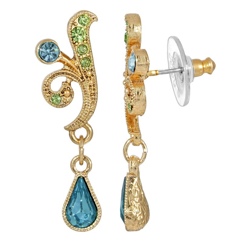 1928 Gold Tone Filigree with Aqua & Green Simulated Crystal Drop Earrings, 