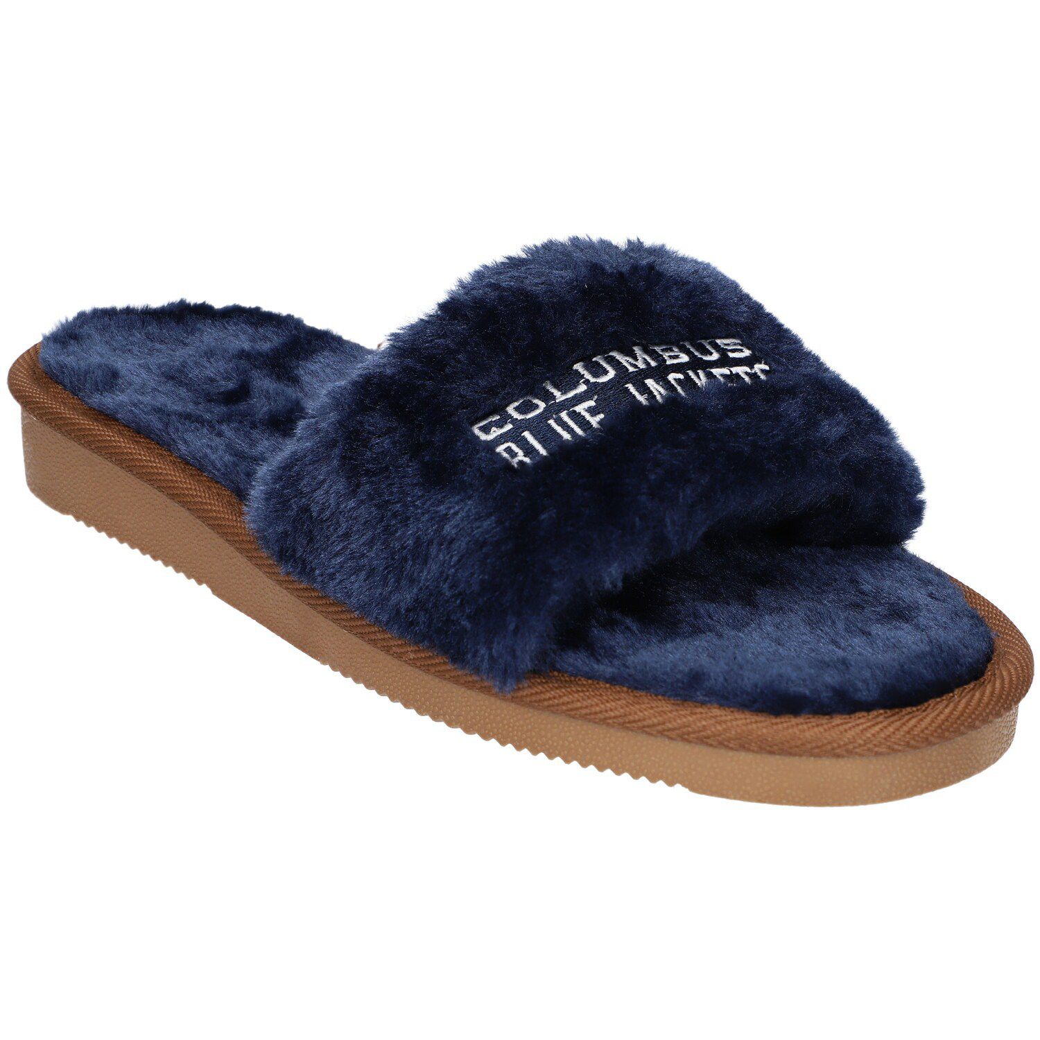 blue faux fur slides