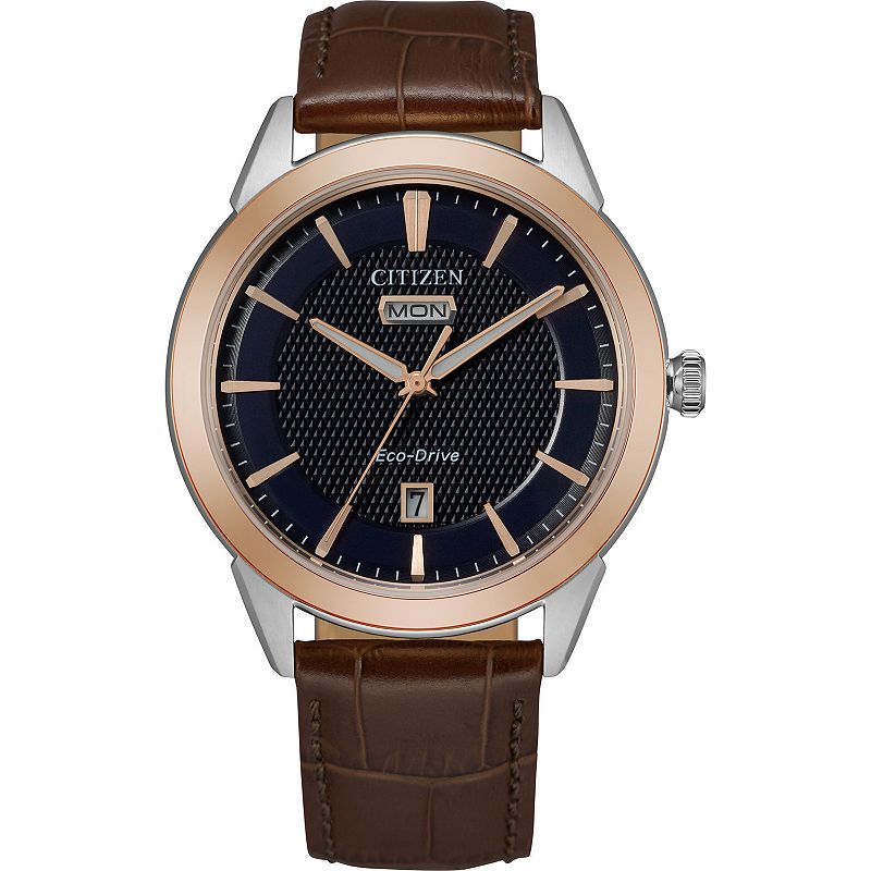 Citizen Eco-Drive Men's Day/Date Blue Dial Watch, Size: Large, Brown