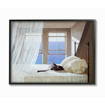 Stupell Home Decor Cat Resting on White Oceanside Bed Framed Wall Art
