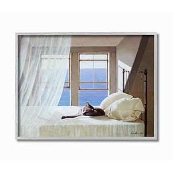 Stupell Home Decor Cat Resting on White Oceanside Bed Framed Wall Art