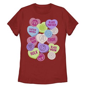 Juniors' Marvel Valentine's Candy Heart Avengers Icons Tee