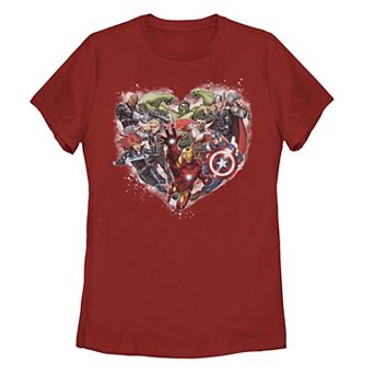Juniors' Marvel Avengers Heart Group Shot Valentine Tee