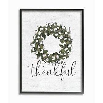 Stupell Home Decor Cotton Flower Country Style Wreath with Thankful Text Framed Wall Art