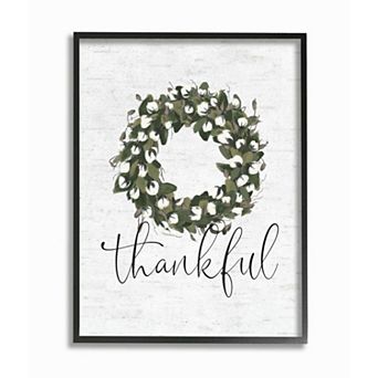 Stupell Home Decor Cotton Flower Country Style Wreath with Thankful Text Framed Wall Art
