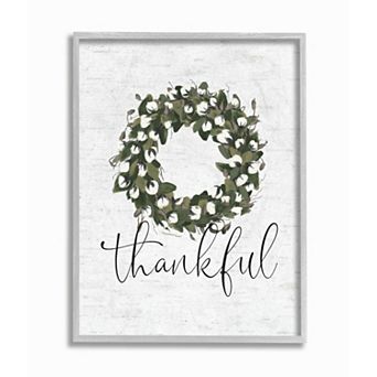 Stupell Home Decor Cotton Flower Country Style Wreath with Thankful Text Framed Wall Art