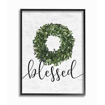 Stupell Home Decor Simple Blessed Text with Greenery Wreath Design Wall Art