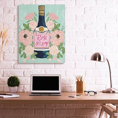 Stupell Home Decor Rose All Day Phrase Floral Wine Bottle Pink Green Wall Art
