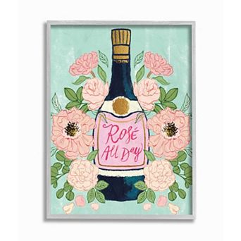 Stupell Home Decor Rose All Day Phrase Floral Wine Bottle Pink Green Wall Art