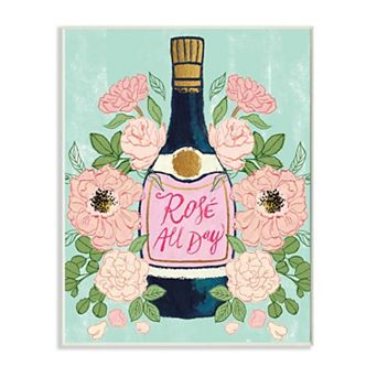 Stupell Home Decor Rose All Day Phrase Floral Wine Bottle Pink Green Plaque Wall Art