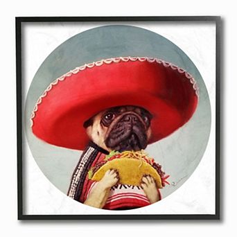 Stupell Home Decor Pug in Sombrero with Taco Fun Dog Painting Framed Wall Art