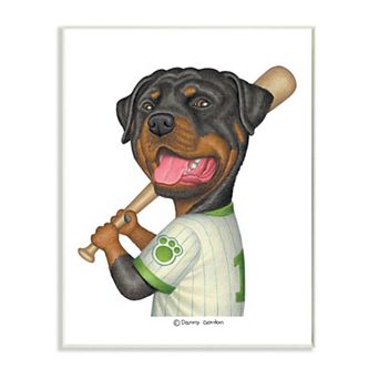 Stupell Home Decor Rottweiler Baseball Player Family Dog Sports Wood Wall Art