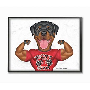 Stupell Home Decor Rott Gym Dog Pun Weightlifting Pet Illustration Framed Wall Art