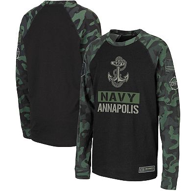 Youth Colosseum Black/Camo Navy Midshipmen OHT Military Appreciation Raglan Long Sleeve T-Shirt