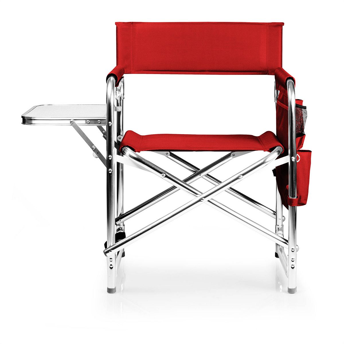 Cardinal red portable folding sports chair with silver frame and side organizer pouch.