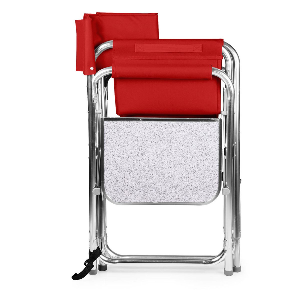 Cardinal red portable folding sports chair with red backrest and gray carry pocket in front.