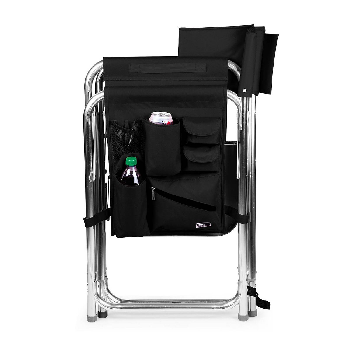 Black portable folding sports chair with silver frame and side storage organizer.