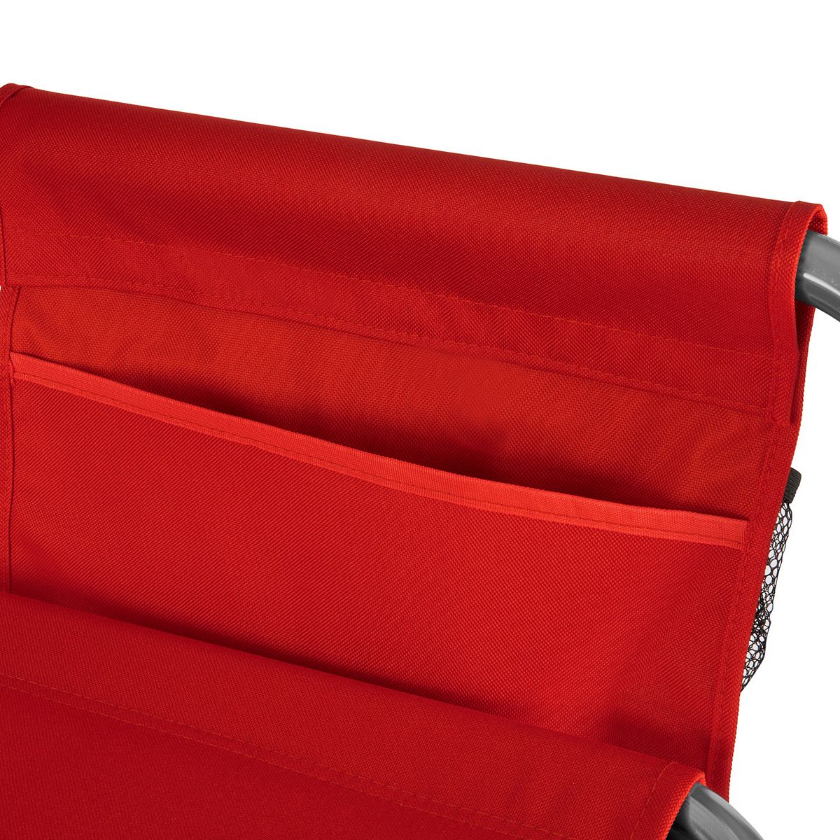 Close-up of cardinal red padded backrest fabric on portable folding sports chair.