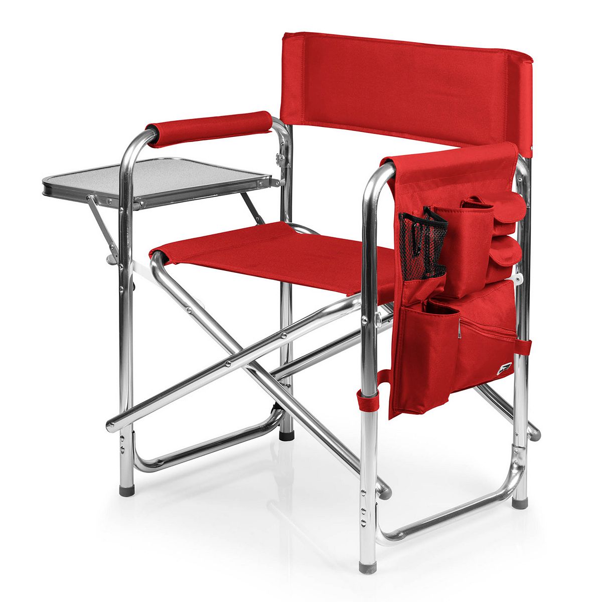 Portable folding sports chair in cardinal red with storage organizer on right side.