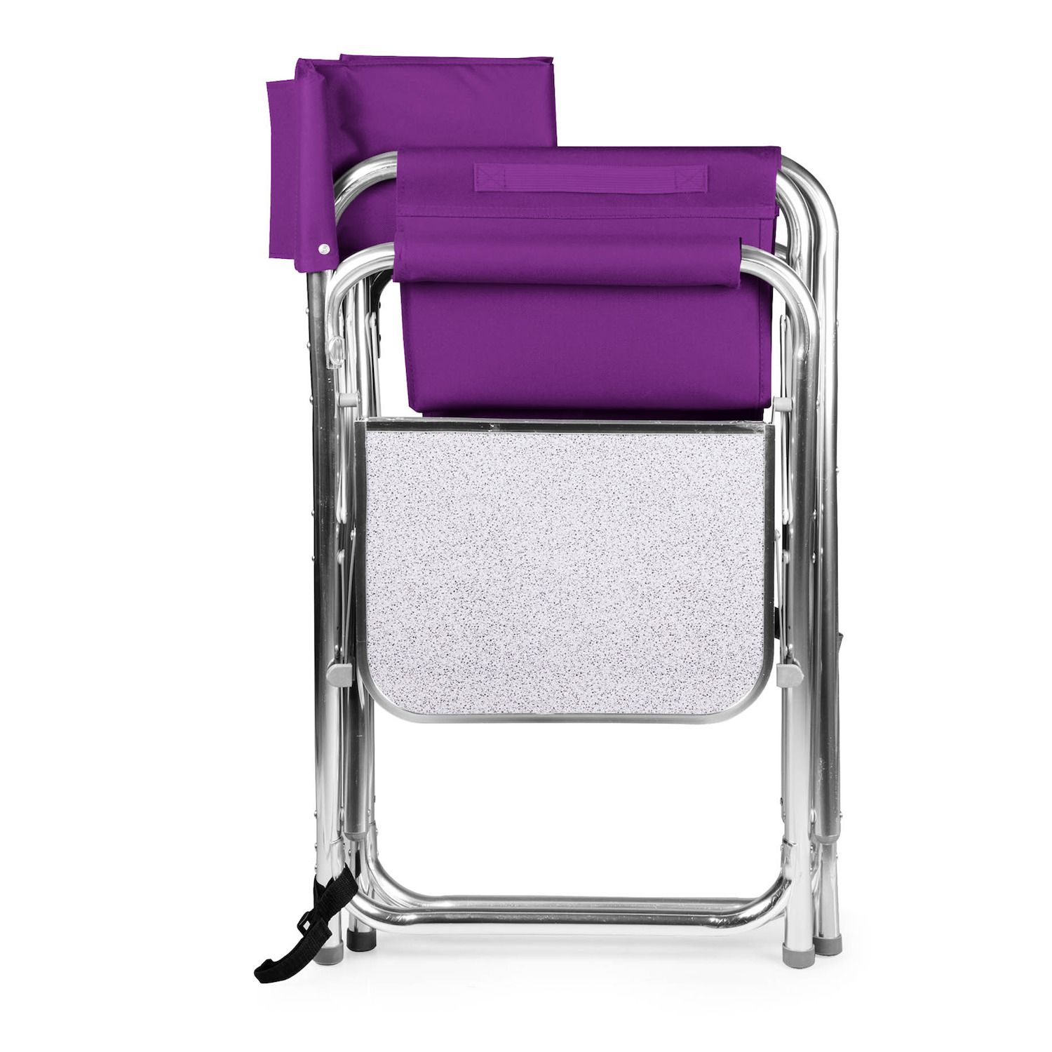 Portable folding sports chair with purple padded seat back and silver frame