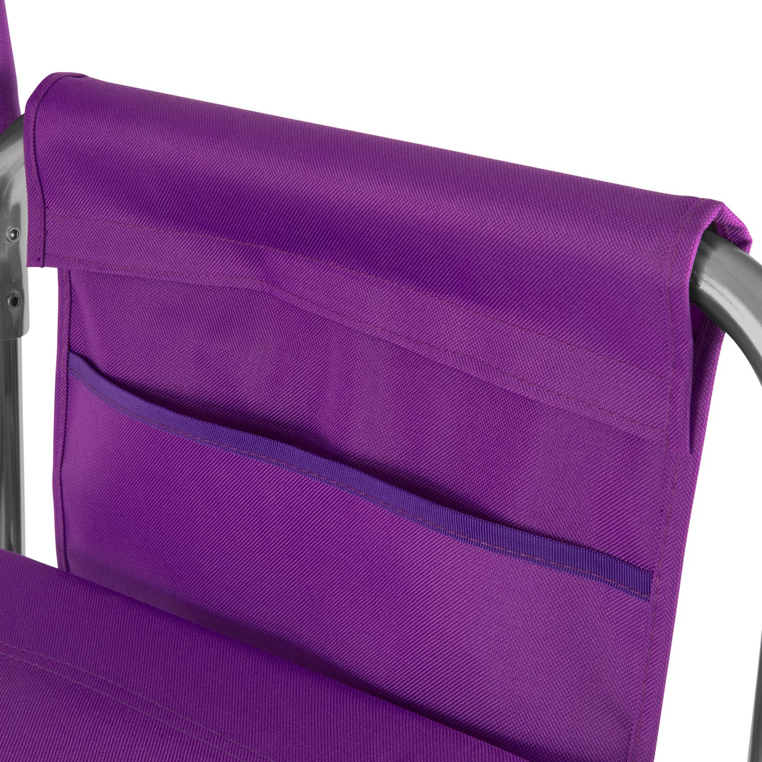 Close-up of purple padded folding chair backrest panel