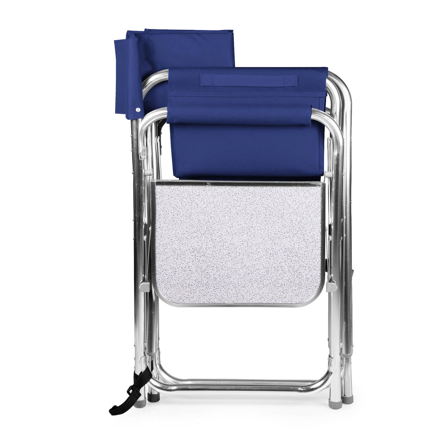 Folding sports chair with navy backrest and folding gray fan-style back