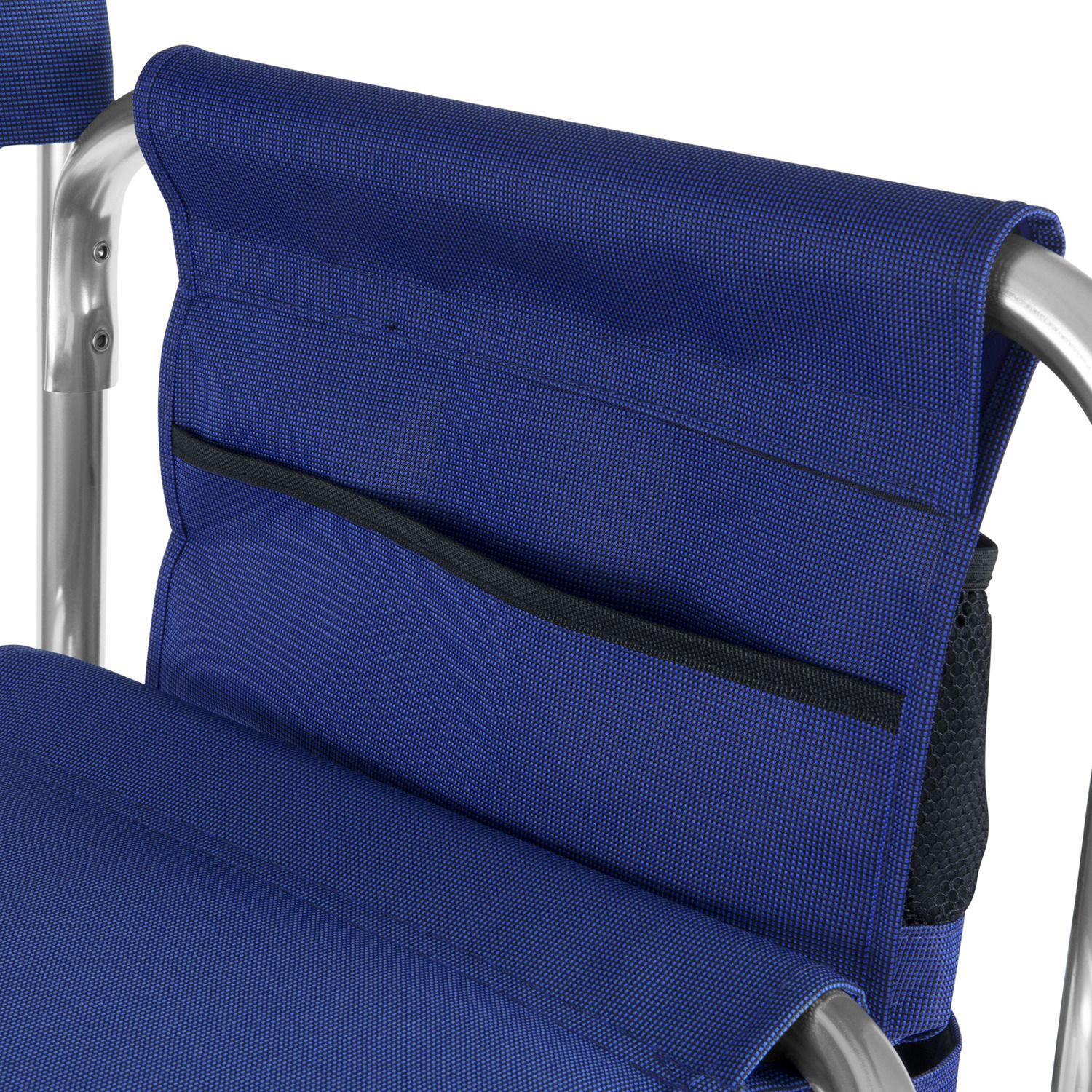 Close-up of navy padded backrest on portable folding sports chair
