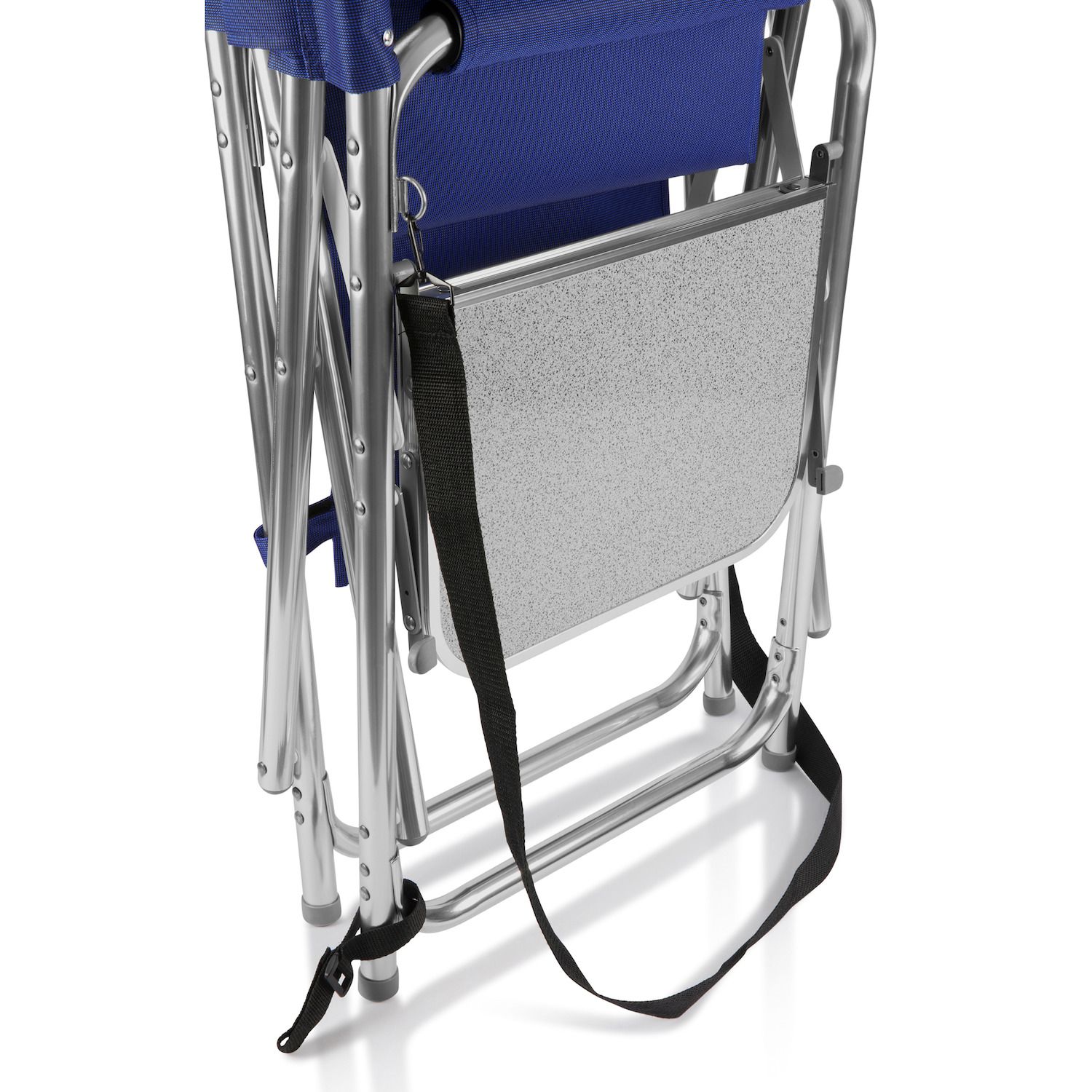 Close-up of gray speckled fold-out panel and straps on chair