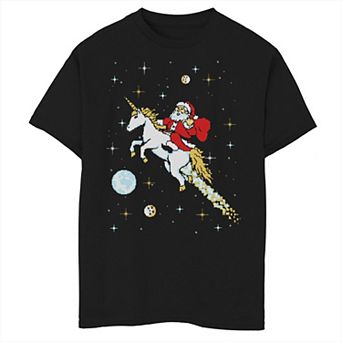 Boys 8-20 Unicorn Riding Space Pixel Santa Christmas Graphic Tee