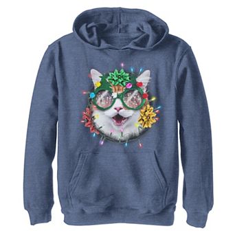 Boys 8-20 Cat Lights Christmas Wreath Graphic Fleece Hoodie