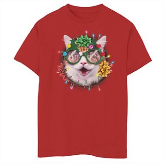 Boys 8-20 Cat Lights Christmas Wreath Graphic Tee