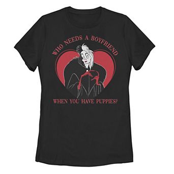 Disney's 101 Dalmatians Cruella De Vil Juniors' Valentine's "Who Needs A Boyfriend" Tee