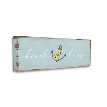Stupell Home Decor Beach House Sign with Floral Wrapped Anchor Canvas Wall Art
