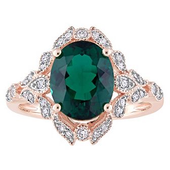 Stella Grace 10k Rose Gold Lab-Created Emerald & 1/5 Carat T.W Diamond Vintage Cocktail Ring